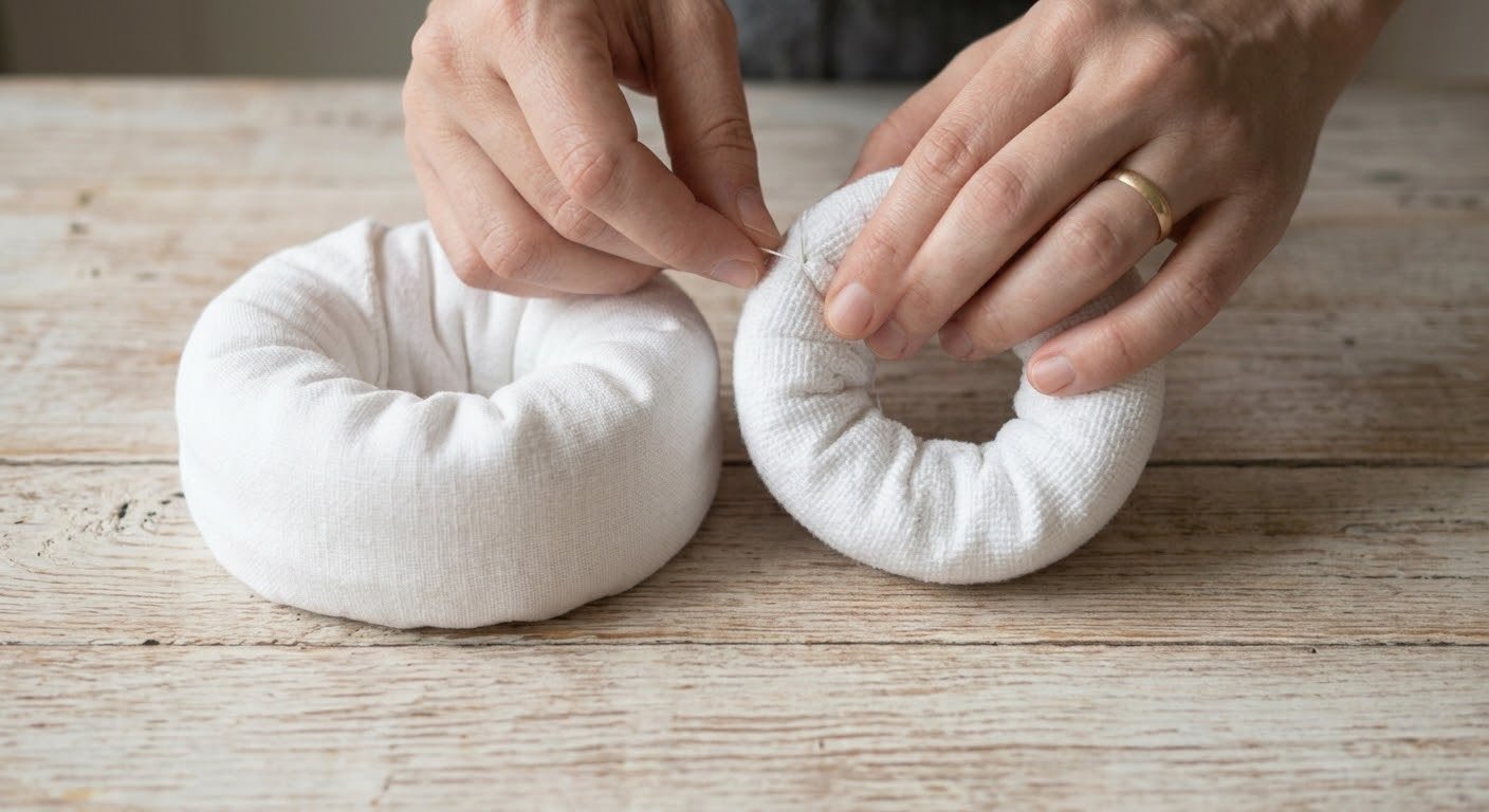 Duas rosquinhas sendo costuradas sobre a mesa