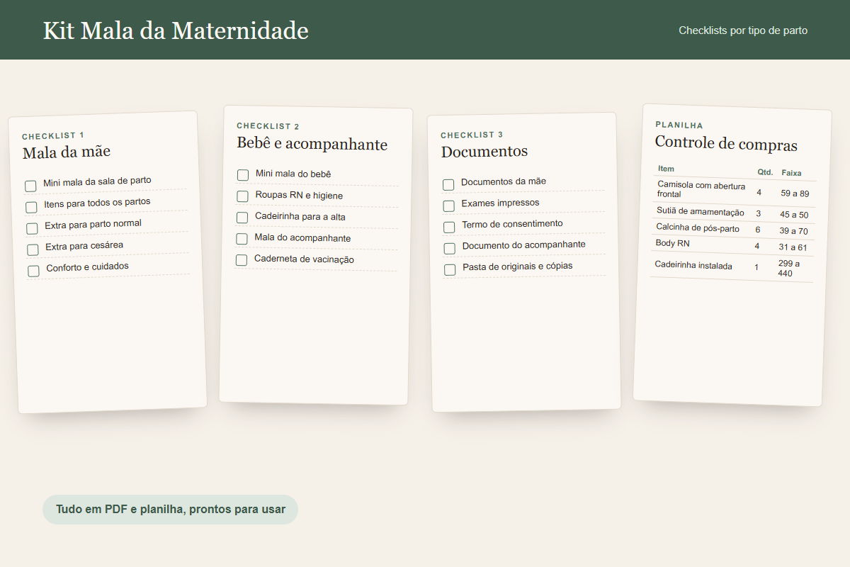 Folhas do kit: checklists da mala da mãe, do bebê e dos documentos, e a planilha de compras